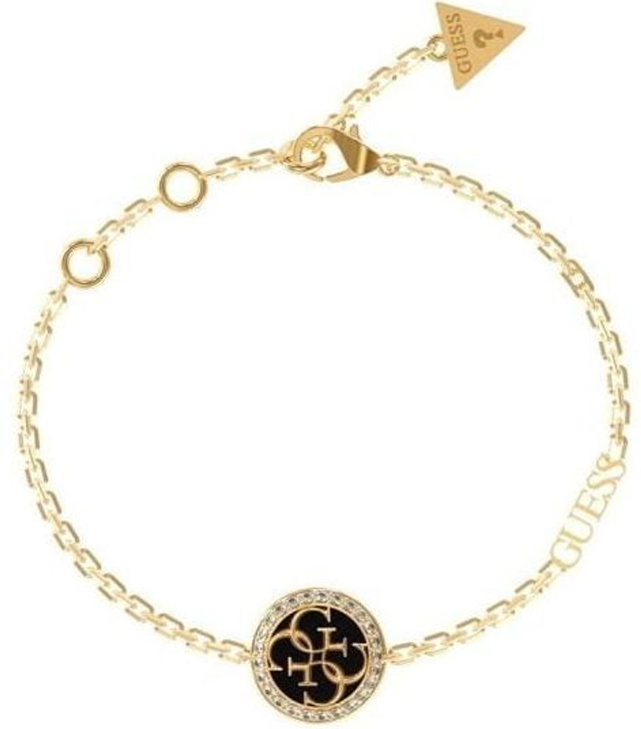 Stalowa bransoletka damska Guess z czarnym elementem i cyrkonią, regulowana.jpg