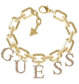 Bransoletka damska GUESS złota z kolorowymi kamieniami JUBB02221JWYGMCS 19 cm. Bransoletka Guess złota z napisem wiszącym z mieniącymi się cyrkoniami. Bransoletka świetnie się sprawdza jako prezent..jpg