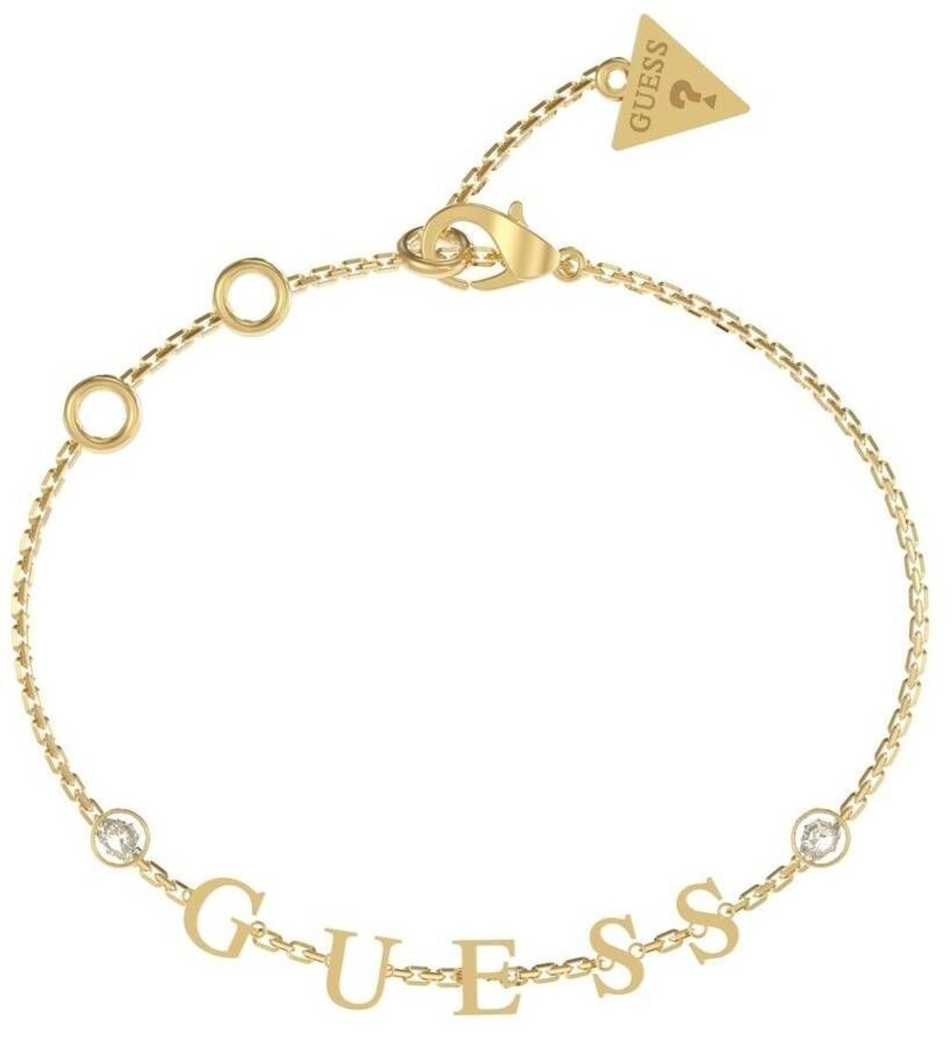 Bransoletka damska Guess celebrytka z cyrkoniami JUBB02226JWYGS. Bransoletka damska Guess w złotym kolorze z literkami ozdobnymi ułożonymi w napis Guess. Stalowa bransoletka w kolorze złotym z cyrkoniami. Bransoletka złożona z łańcuszka typu an.jpg