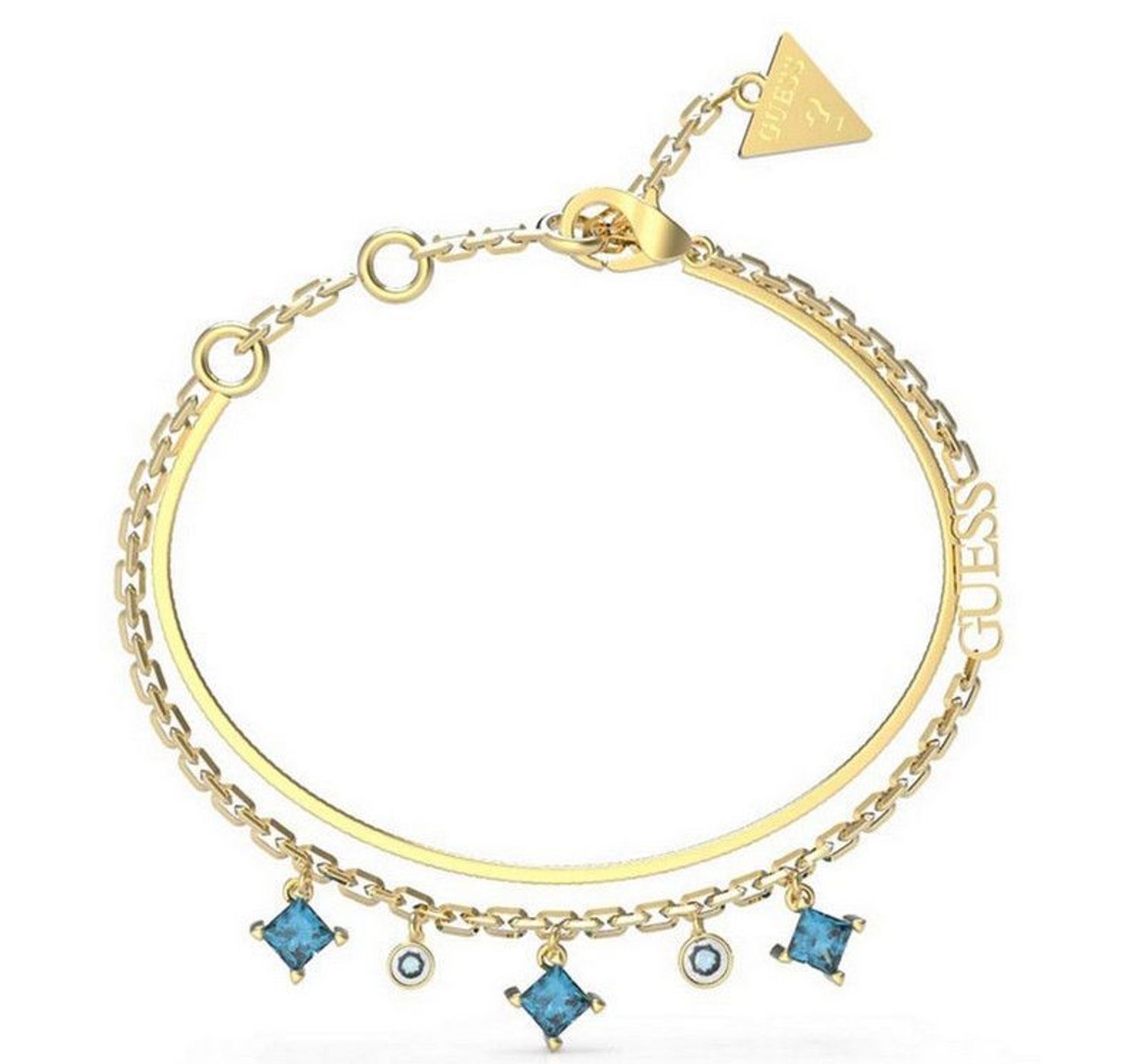 Bransoletka damska Guess z niebieskimi cyrkoniami JUBB03068JWYGAQS. Bransoletka damska Guess w złotym kolorze z wiszącymi elementami ozdobnymi w niebieskim kolorze. Stalowa bransoletka w kolorze złotym z cyrkoniami. Bransoletka Guess na pre.jpg