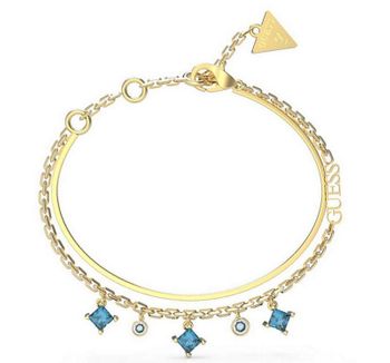 Bransoletka damska Guess z niebieskimi cyrkoniami JUBB03068JWYGAQS. Bransoletka damska Guess w złotym kolorze z wiszącymi elementami ozdobnymi w niebieskim kolorze. Stalowa bransoletka w kolorze złotym z cyrkoniami. Bransoletka Guess na pre.jpg