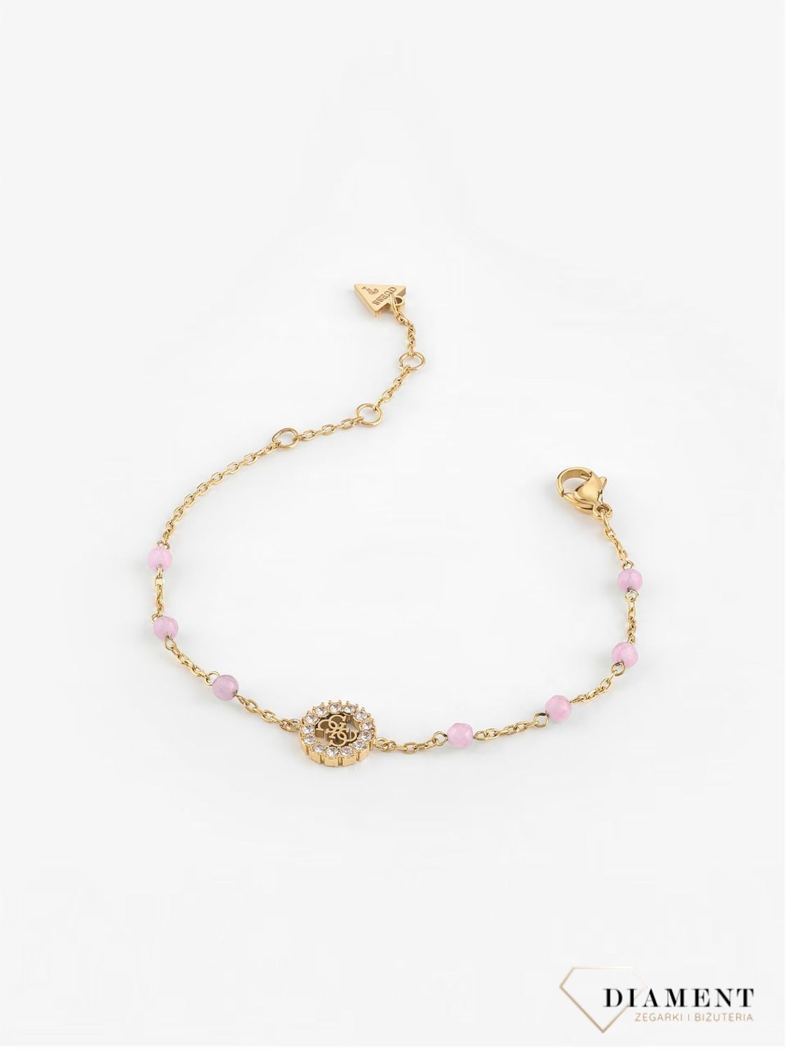 Bransoletka damska Guess z różowymi kuleczkami  i logo JUBB03074WYGFC. Bransoletka markowa Guess na prezent. Markowa biżuteria na lato Guess. Biżuteria ze stali. Bizuteria oryginalna Guess. Modna biżuteria na lato..jpg