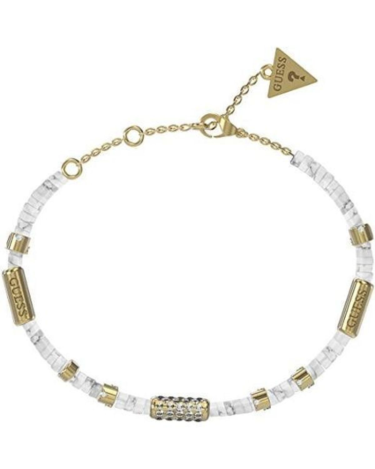 Bransoletka damska Guess w złotym kolorze z kamieniami naturalnymi Biały Turkus JUBB03076JWYGWHS. Stalowa bransoletka w kolorze złotym z cyrkoniami i kamieniami naturalnymi biały turkus. Idealny pomysł na prezent..jpeg