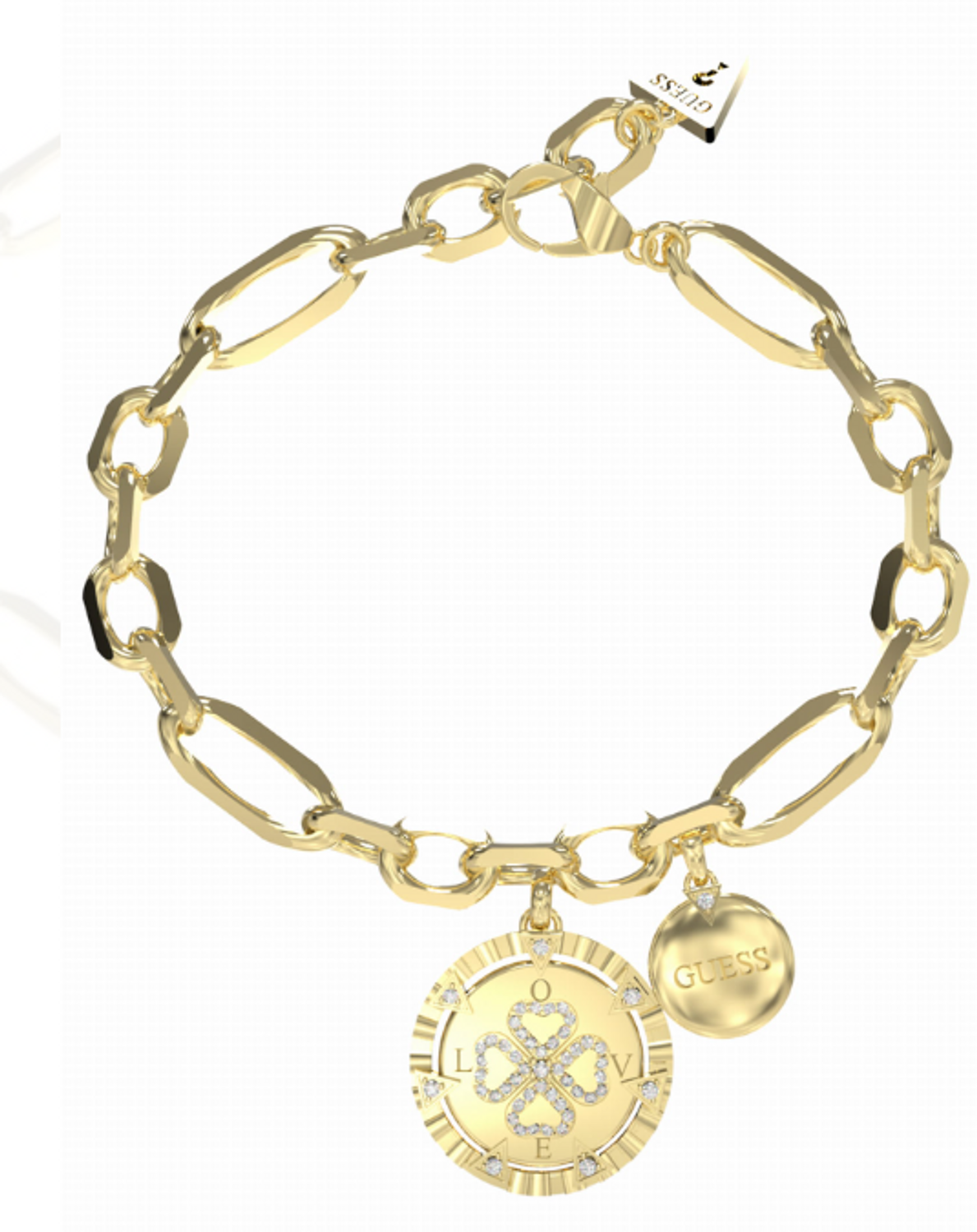Bransoletka GUESS stalowa w kolorze złotym z elementami wiszącymi i koniczynką ozdobioną cyrkoniami JUBB04037JWYGS.png