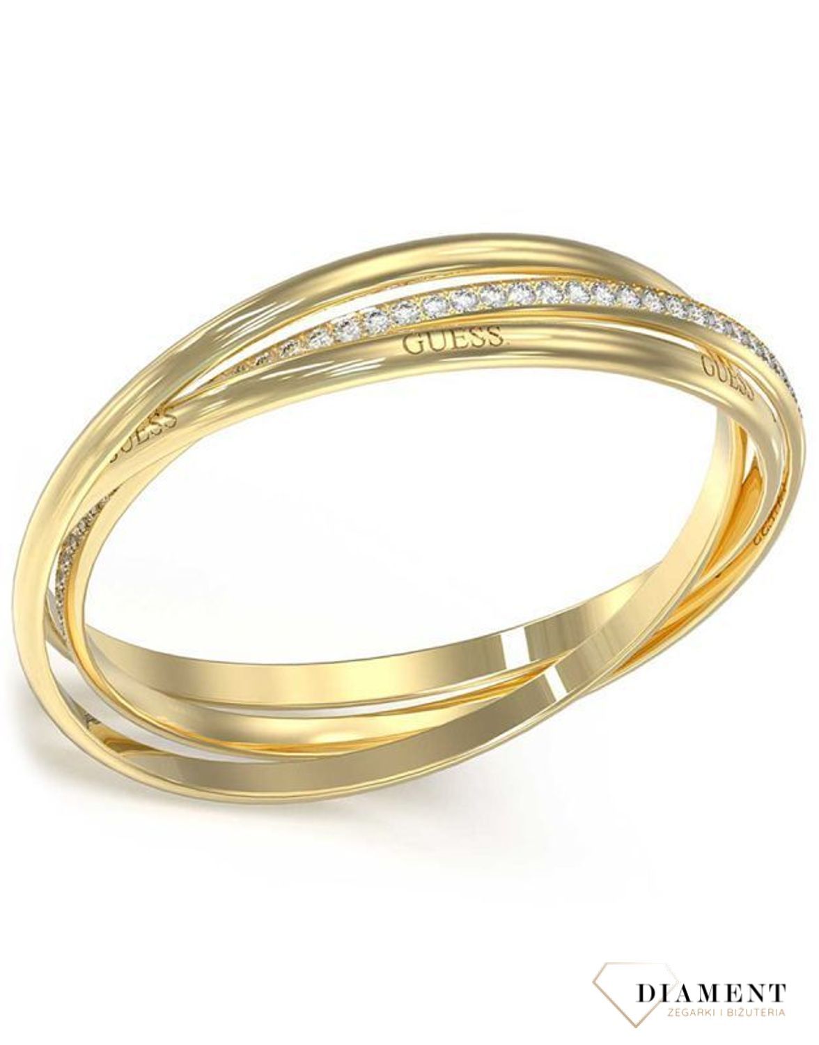 Bransoletka GUESS stalowa w kolorze złotym z cyrkoniami JUBB04072JWYGT-U. Bransoletka wykonana z trzech kół połączonych ze sobą, ozdobiona cyrkoniami oraz logo marki.  (1).jpg