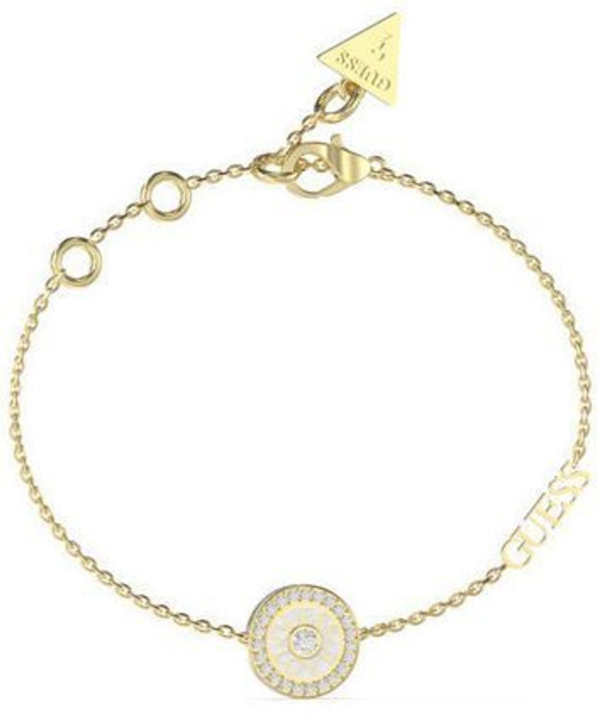 Pozłacana damska bransoletka Guess z białym logo i cyrkoniami 🤍 regulowana długość.jpg