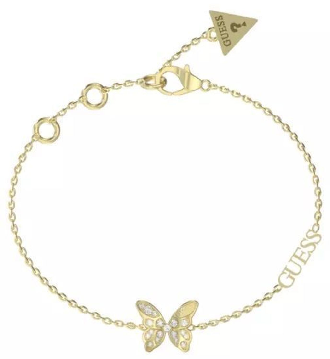 Bransoletka damska GUESS “Chrysalis” z motylkiem JUBB04110JWYGS. Stalowa bransoletka Guess. Bransoletka damska w złotym kolorze Guess. Modna bransoletka damska Guess z logo. Bransoletka damska Guess na prezent..jpg