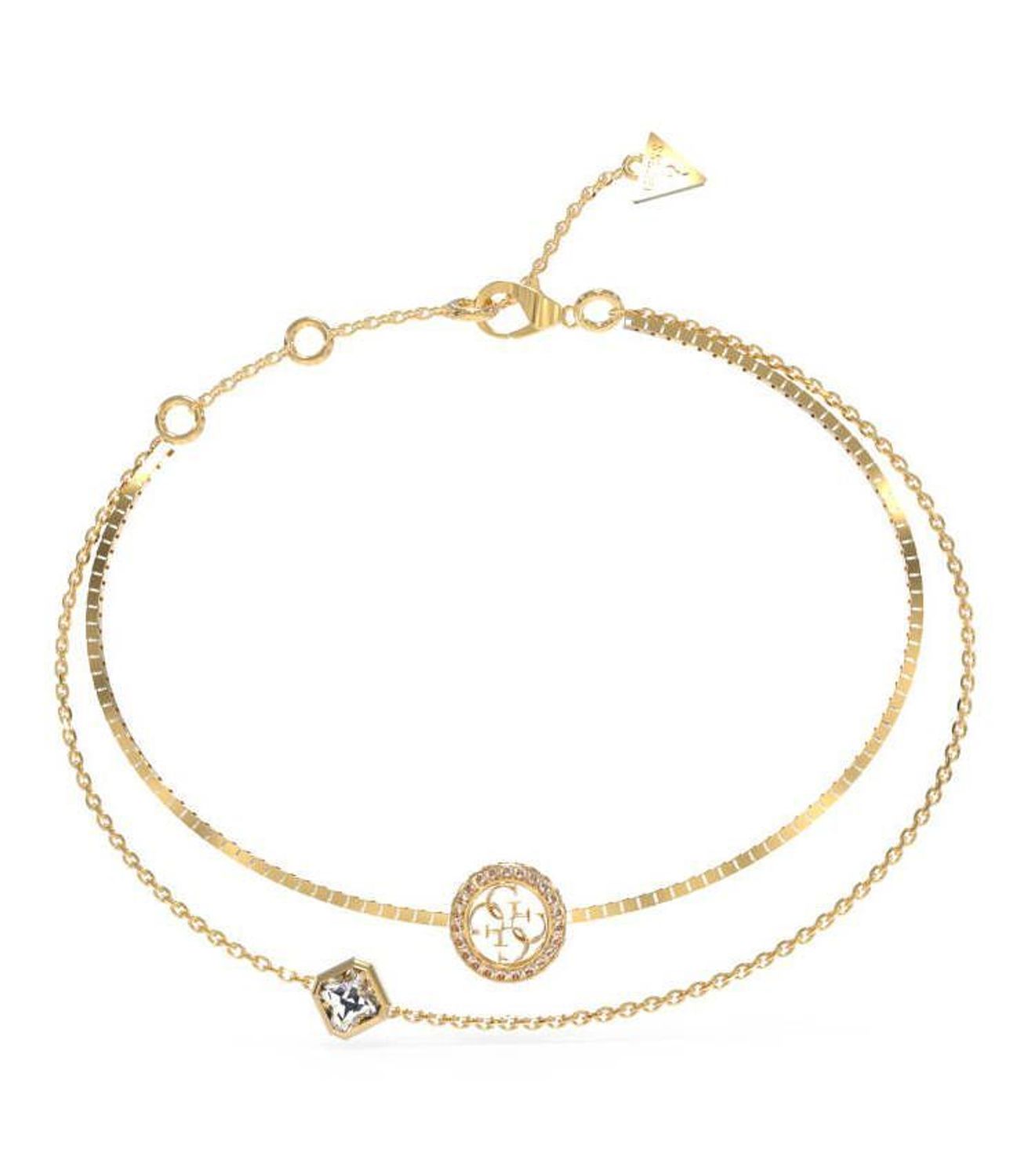 Bransoletka damska Guess podwójny łańcuszek JUBB04160JWYGL. Stalowa bransoletka Guess. Bransoletrka damska w złotym kolorze Guess. Modna bransoletka damska Guess z logo. Bransoletka damska Guess na prezent..jpg