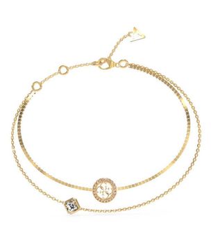 Bransoletka damska Guess podwójny łańcuszek JUBB04160JWYGL. Stalowa bransoletka Guess. Bransoletrka damska w złotym kolorze Guess. Modna bransoletka damska Guess z logo. Bransoletka damska Guess na prezent..jpg