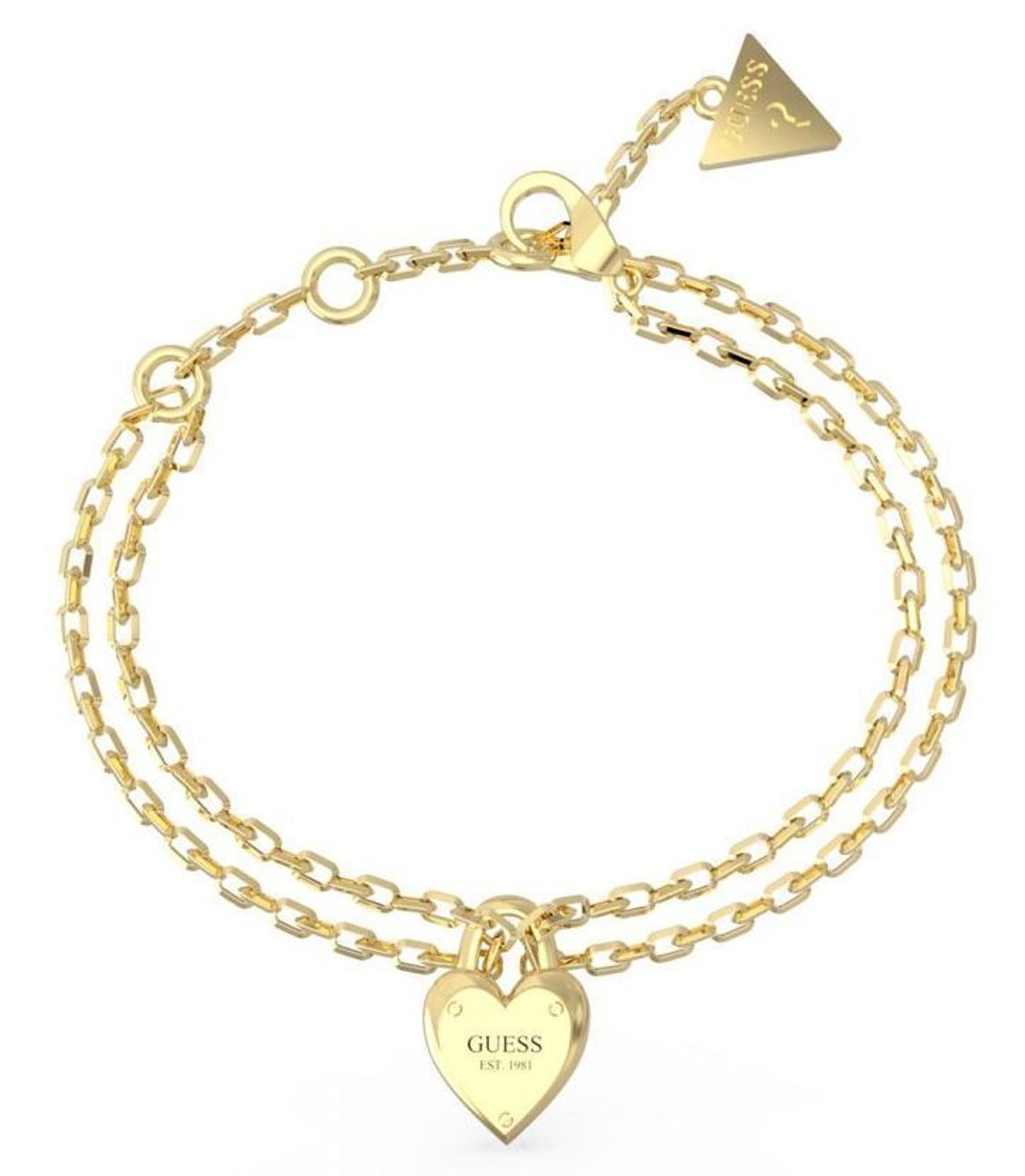 Bransoletka damska GUESS All You Need Is Love JUBB04211JWYGS. Stalowa bransoletka Guess. Bransoletrka damska w złotym kolorze Guess. Modna bransoletka damska Guess z logo. Bransoletka damska Guess na prezent..jpg