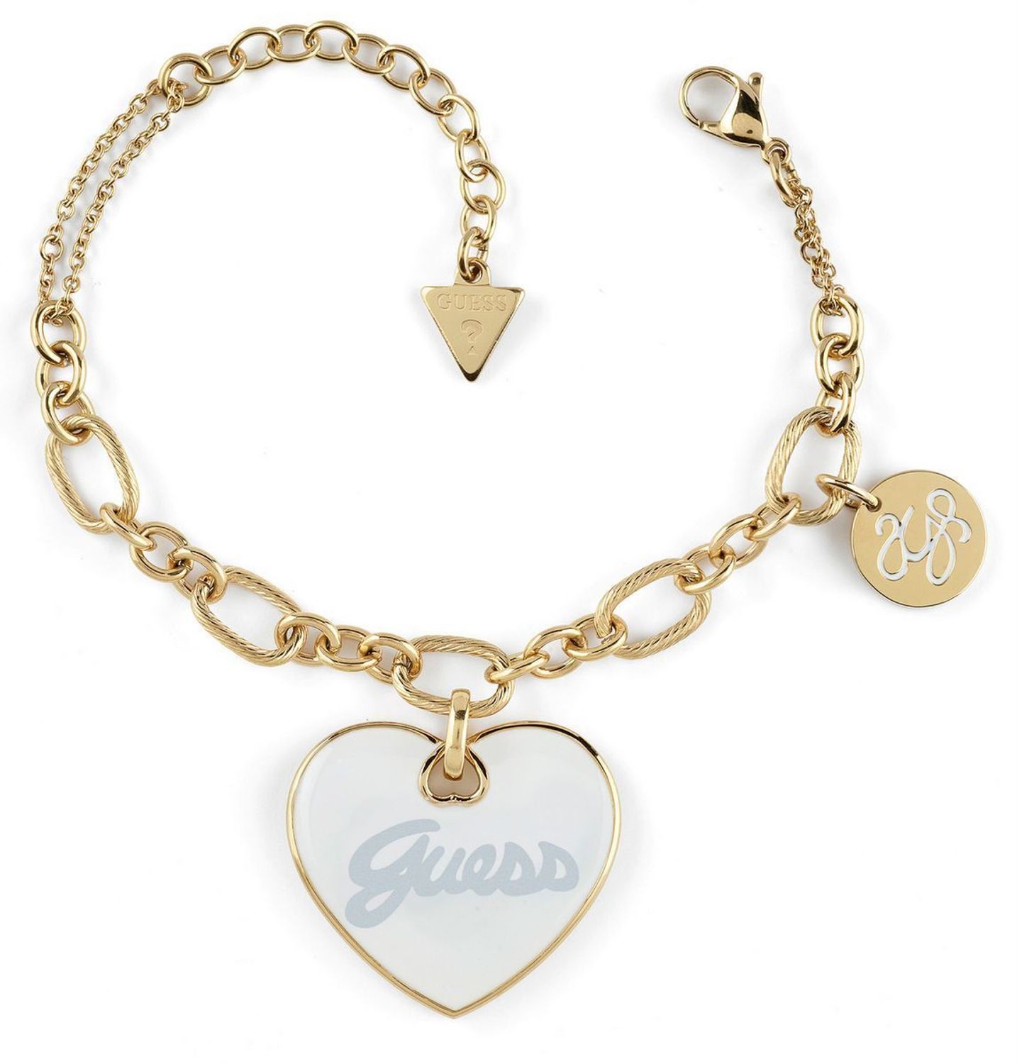 Bransoletka Guess pozłacana z białym sercem – stalowa, regulowana.jpg