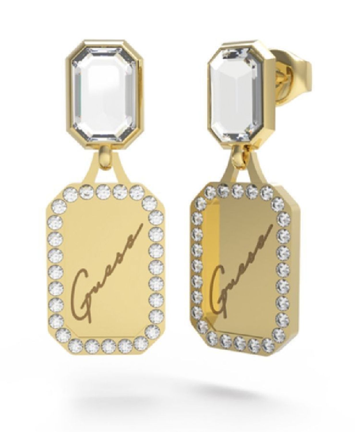 Kolczyki GUESS stalowe pozłacane literka 'G' z kryształami JUBE01107WYGTU. Stalowe kolczyki wiszące z logo marki 'G' w kolorze złotym ozdobiony kryształami. Kolczyki składają się z półkola do którego dołączony jest oczko z w.jpg