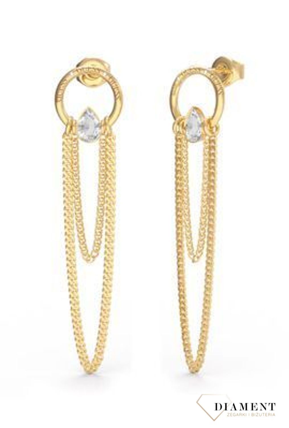 Stalowe kolczyki wiszące z logo marki GUESS w kolorze złotym. Kolczyki składają się z łańcuszków pancerki do którego dołączony jest kryształka..jpg