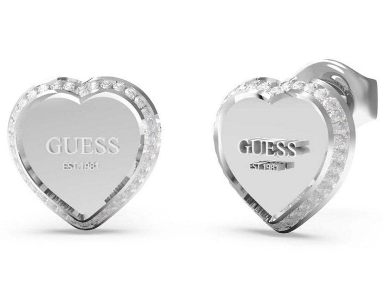 Kolczyki damskie GUESS serca z cyrkoniami i napisem Guess JUBE01427JWRHT. Kolczyki GUESS stalowe z napisem Guess i cyrkoniami w kształcie subtelnych serduszek. Stalowe kolczyki  wykonane z najwyższej jakości stali w kolorze srebra ozdobione k.jpg
