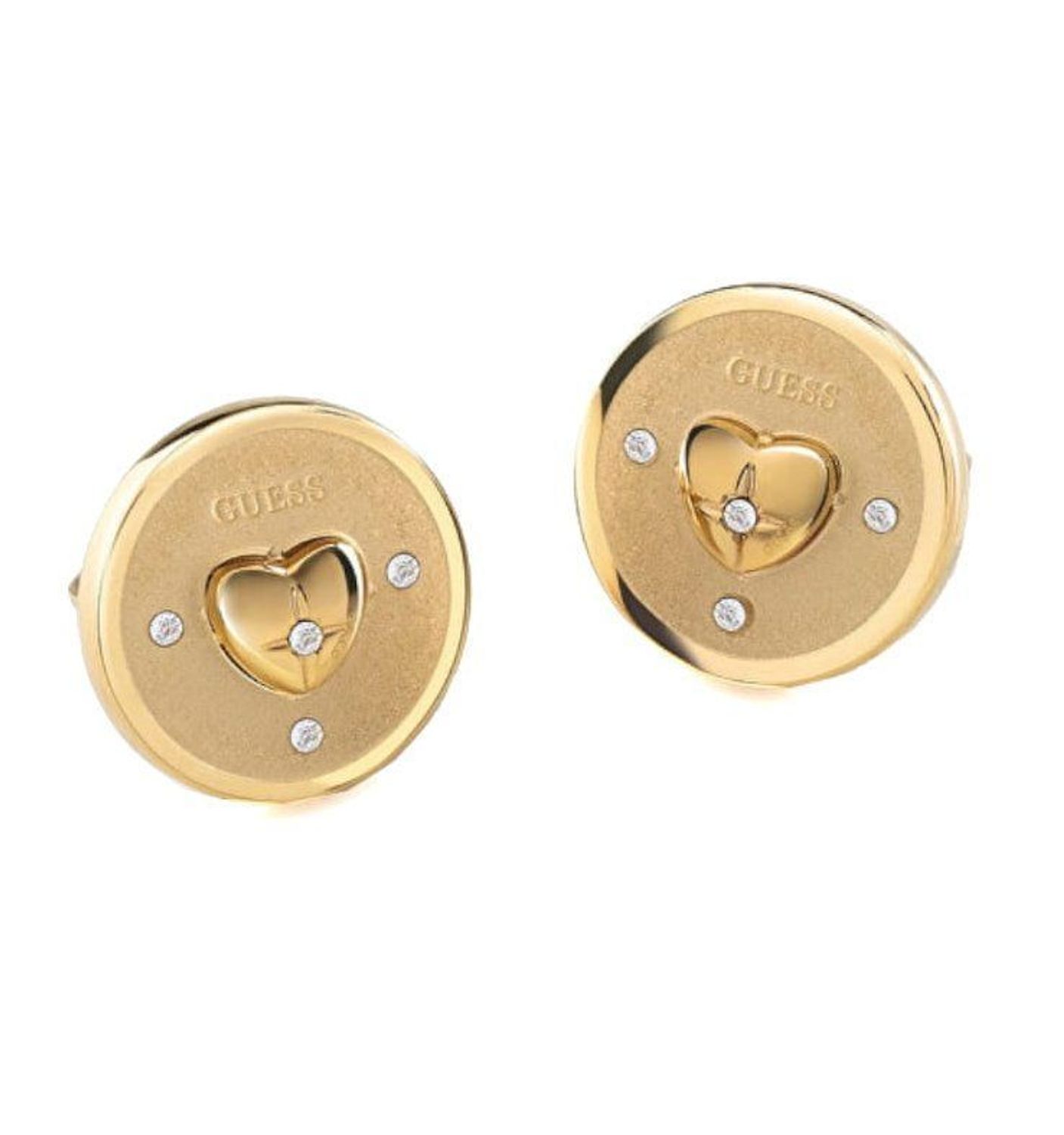 Złote kolczyki damskie GUESS przy uchu 'Serca w kółku' JUBE01446JWYGTu . Kolczyki GUESS stalowe z napisem Guess.jpg