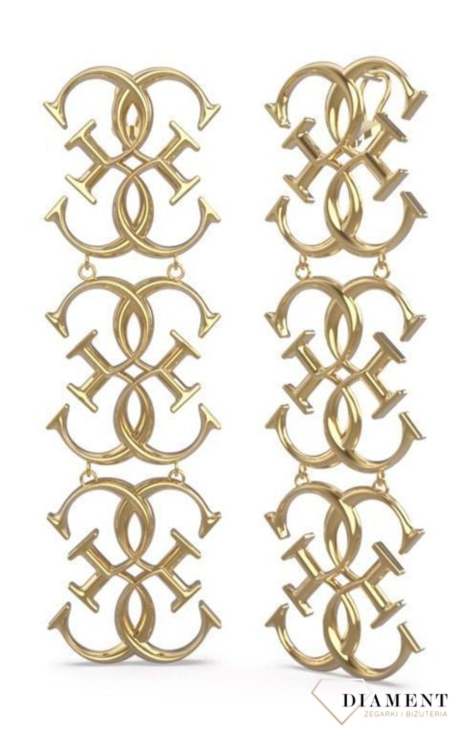 Kolczyki stalowe GUESS w kolorze złota JUBE01478JWYG.  Stalowe kolczyki wiszące z logo marki GUESS w kolorze złotym. Kolczyki składają się z trzech elementów w kształcie logo Guess. Wiszące kolczyki Guess z wygodnym zapięc.jpg