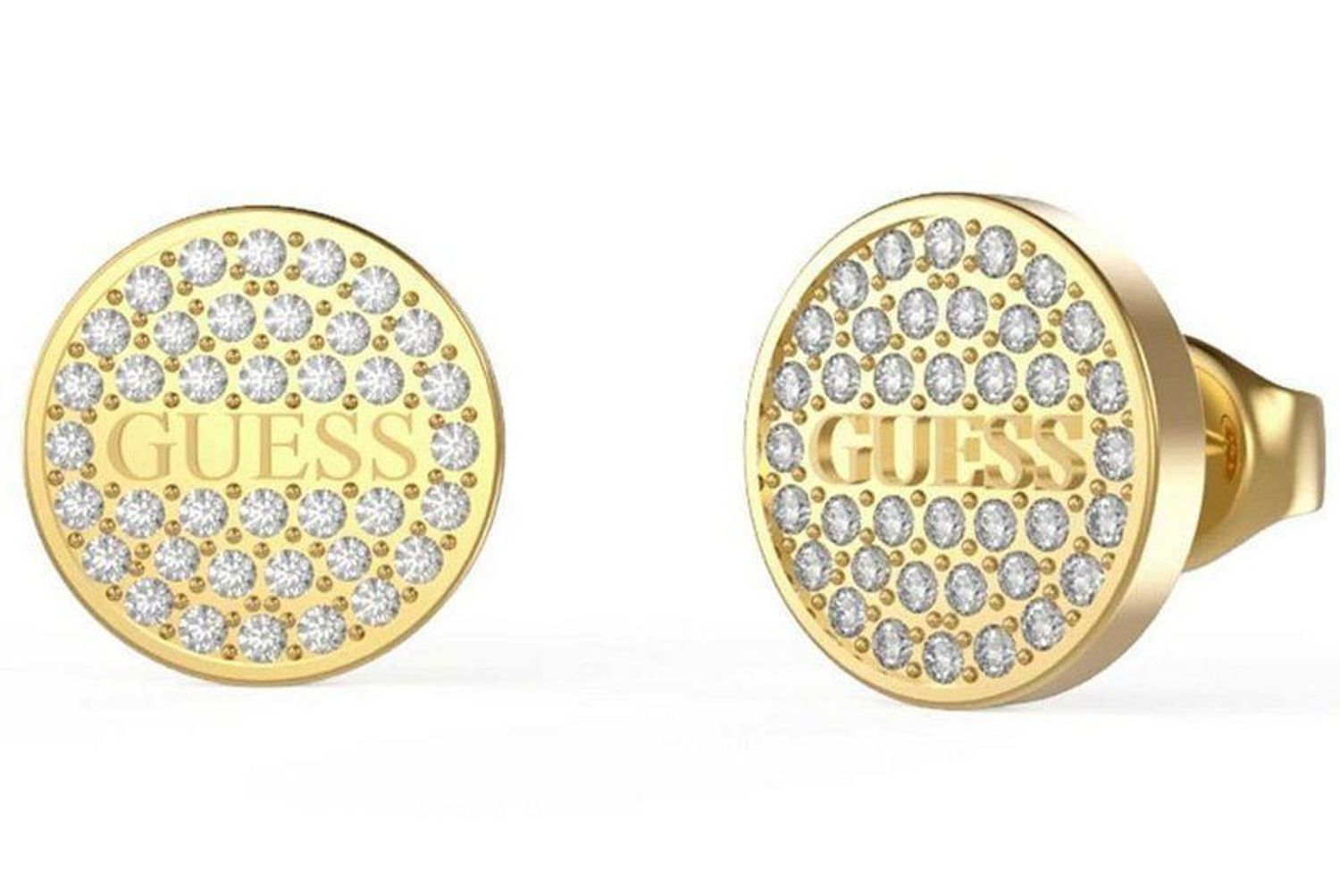 Złote kolczyki damskie GUESS przy uchu z cyrkoniami JUBE02155JWYGTU. Kolczyki GUESS stalowe z napisem Guess i cyrkoniami w okrągłym kształcie. Stalowe kolczyki  wykonane z najwyższej jakości stali w kolorze złota ozdobione kryształkami. Średn.jpg