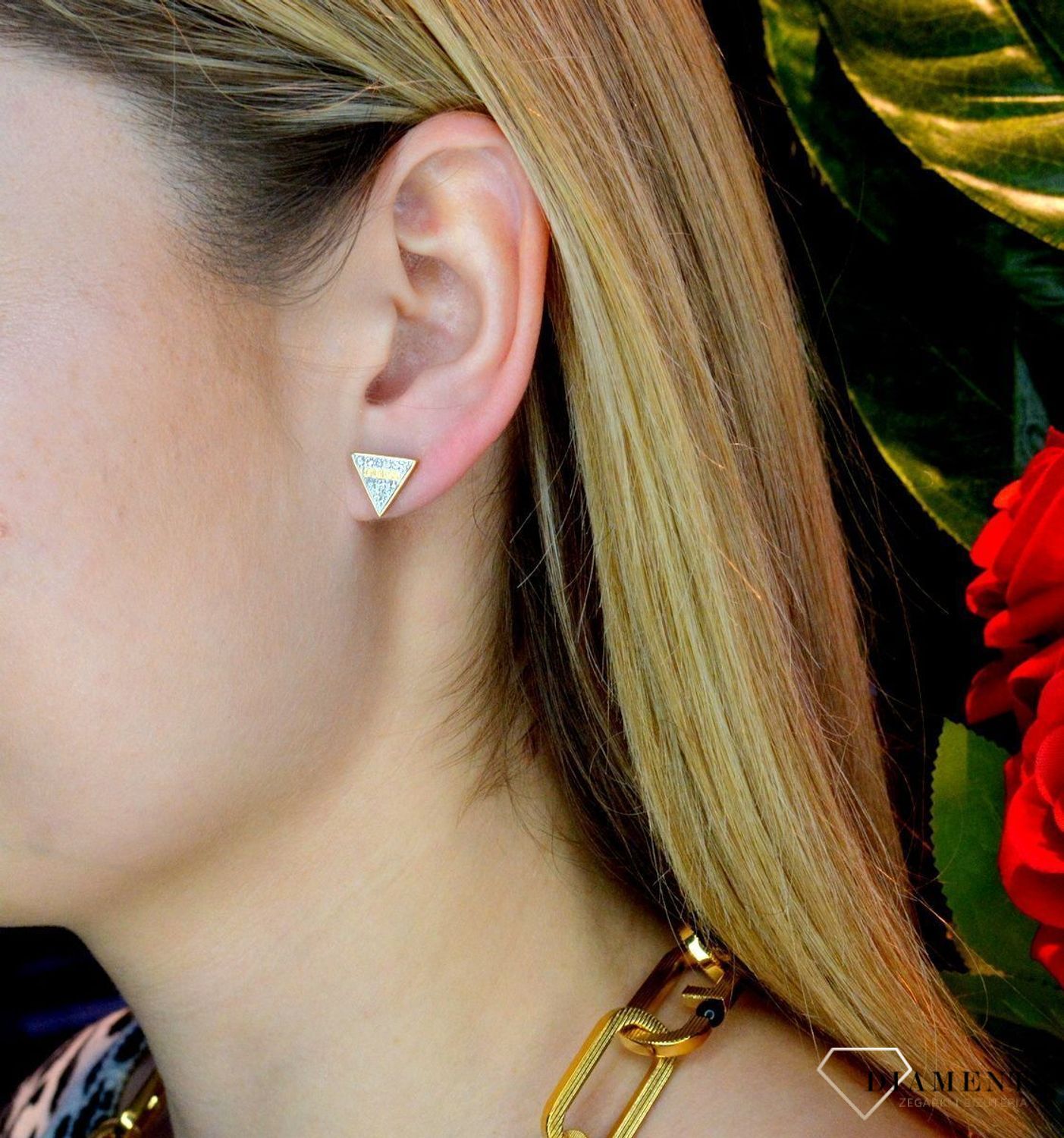 Kolczyki złote damskie trójkąty GUESS z cyrkoniami JUBE02156JWYGTU..jpg