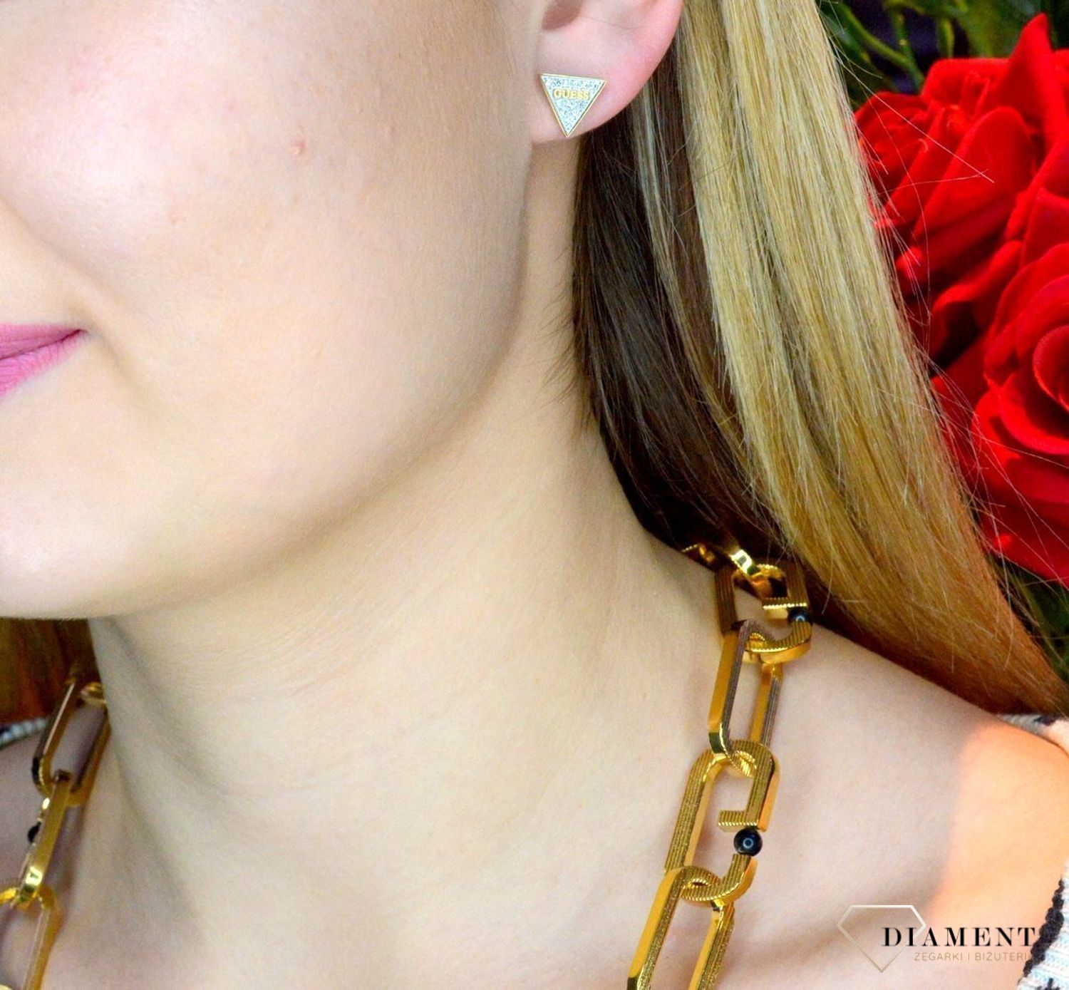Kolczyki złote damskie trójkąty GUESS z cyrkoniami JUBE02156JWYGTU..jpg