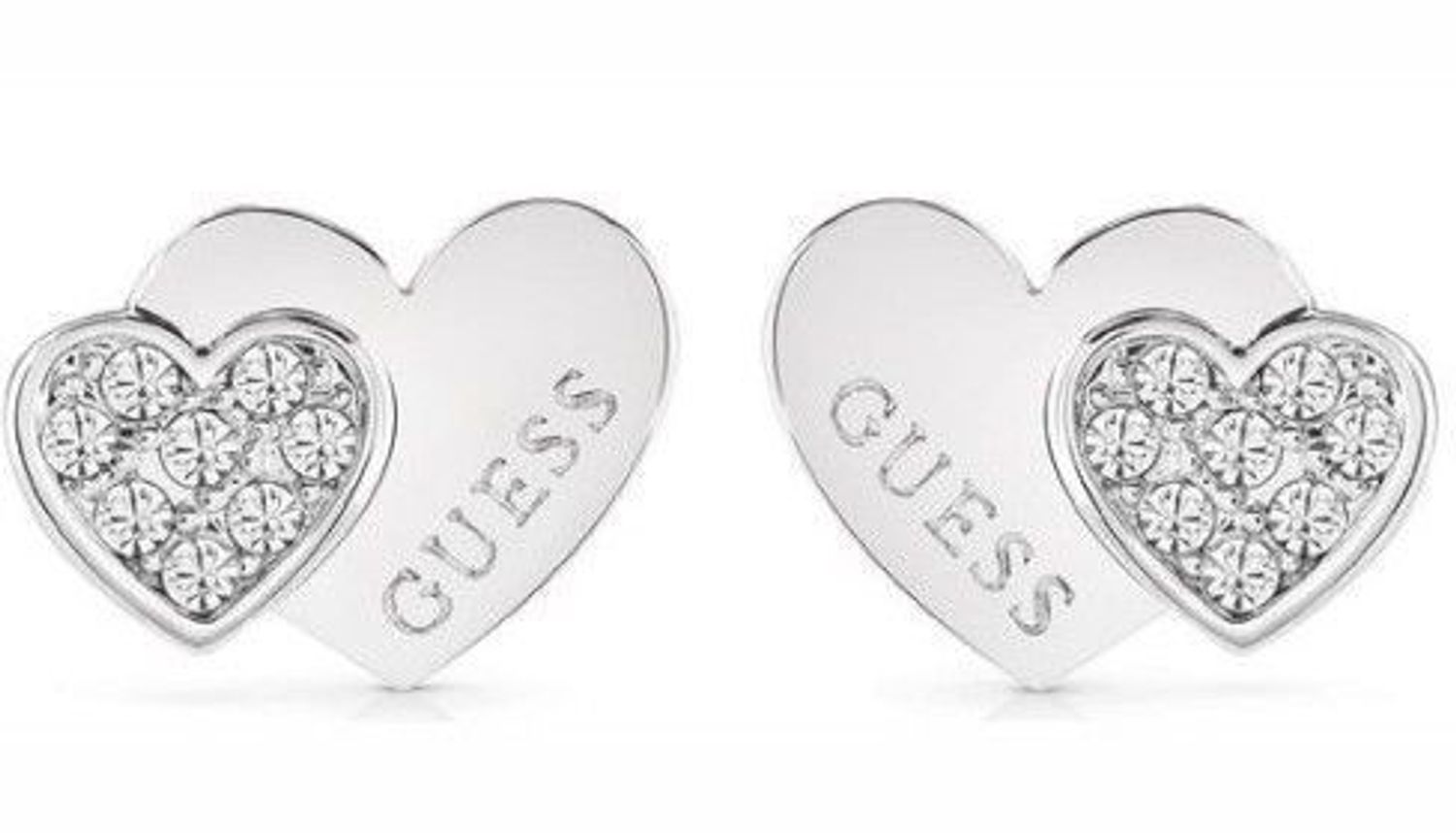 Kolczyki damskie GUESS stalowe serduszko z sercem JUBE02174JWRHT. Kolczyki GUESS stalowe z napisem Guess i cyrkoniami w kształcie subtelnych dwóch połączonych serduszek. Stalowe kolczyki  wykonane z najwyższej jakości stali w kolorze srebra o.jpg