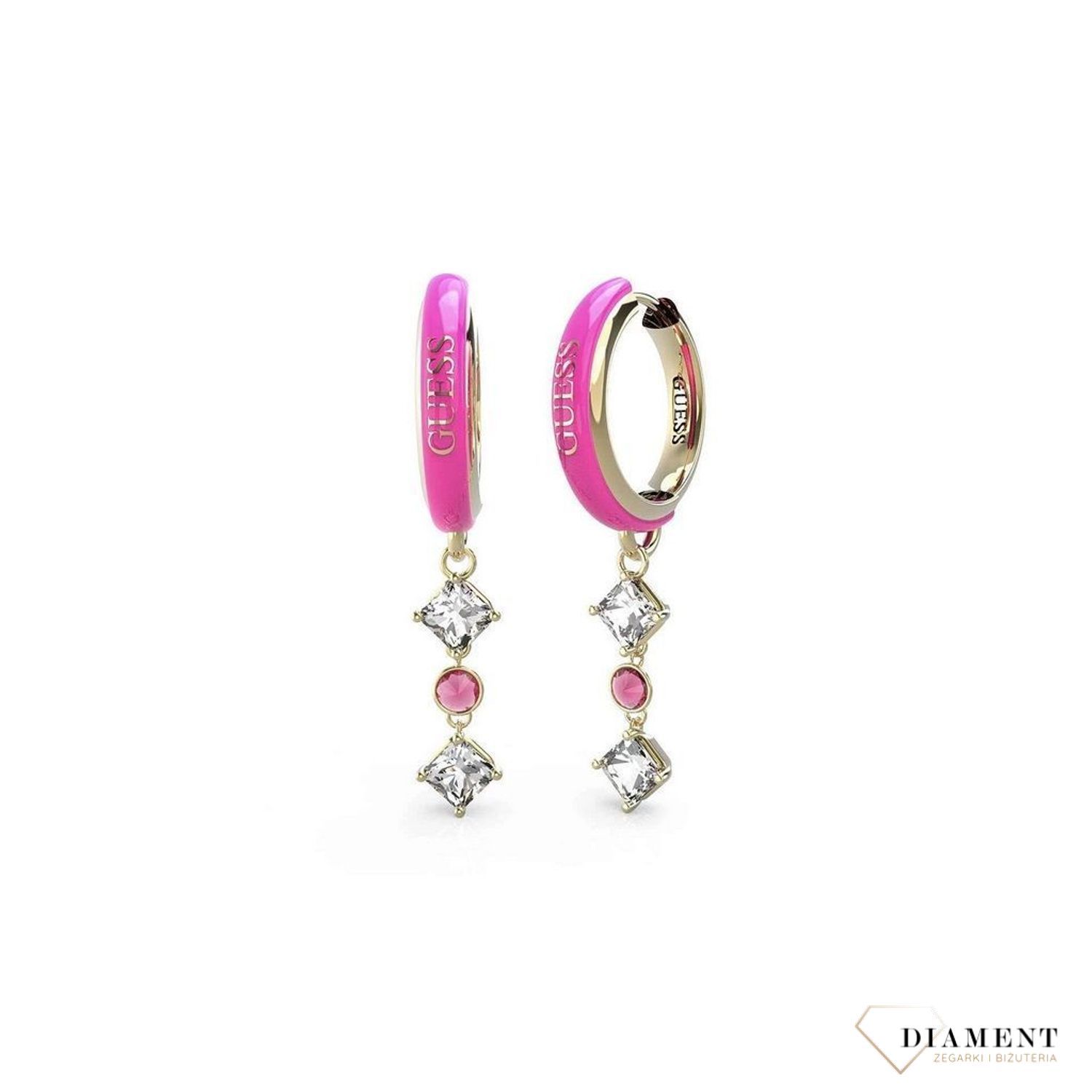 Kolczyki damskie GUESS wiszące z cyrkoniami Stal JUBE03069JWYGFC. Markowe kolczyki ze stali. Biżuteria oryginalna Guess. Kolczyki na lato. Kolczyki różowa emalia. Modna biżuteria na lato..jpg