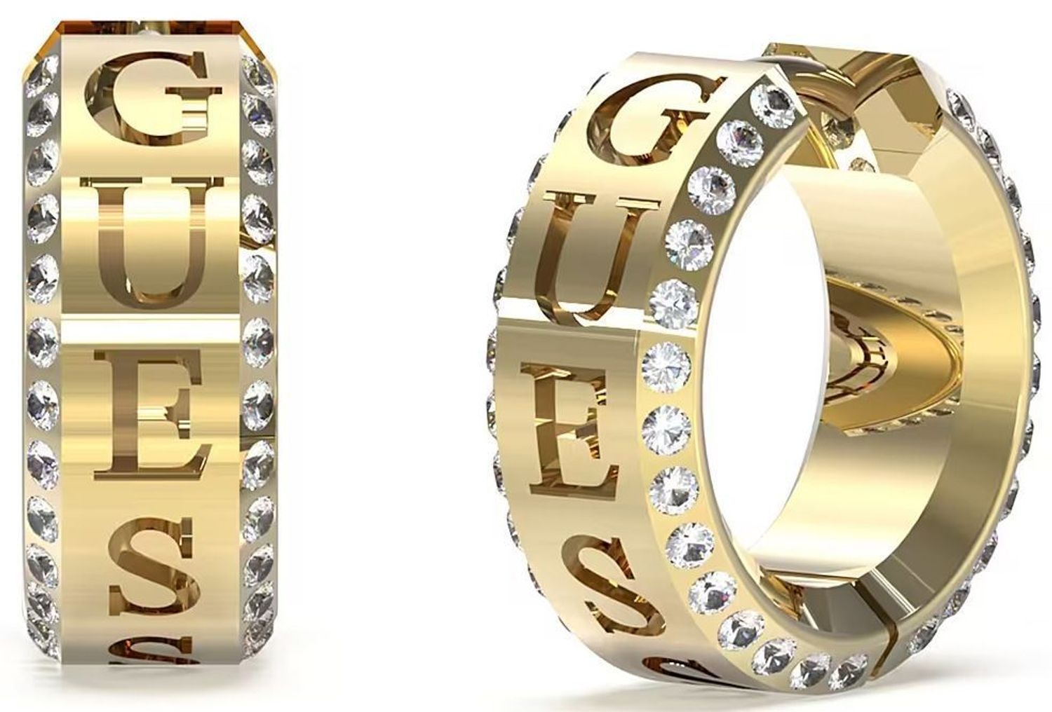 Eleganckie kolczyki Guess JUBE03112JWYGTU – pozłacane stalowe kółeczka z cyrkoniami i napisem Guess. Styl i blask w jednym. Sprawdź online!1.jpg