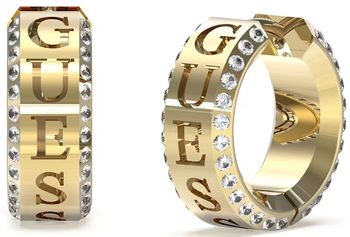 Eleganckie kolczyki Guess JUBE03112JWYGTU – pozłacane stalowe kółeczka z cyrkoniami i napisem Guess. Styl i blask w jednym. Sprawdź online!1.jpg
