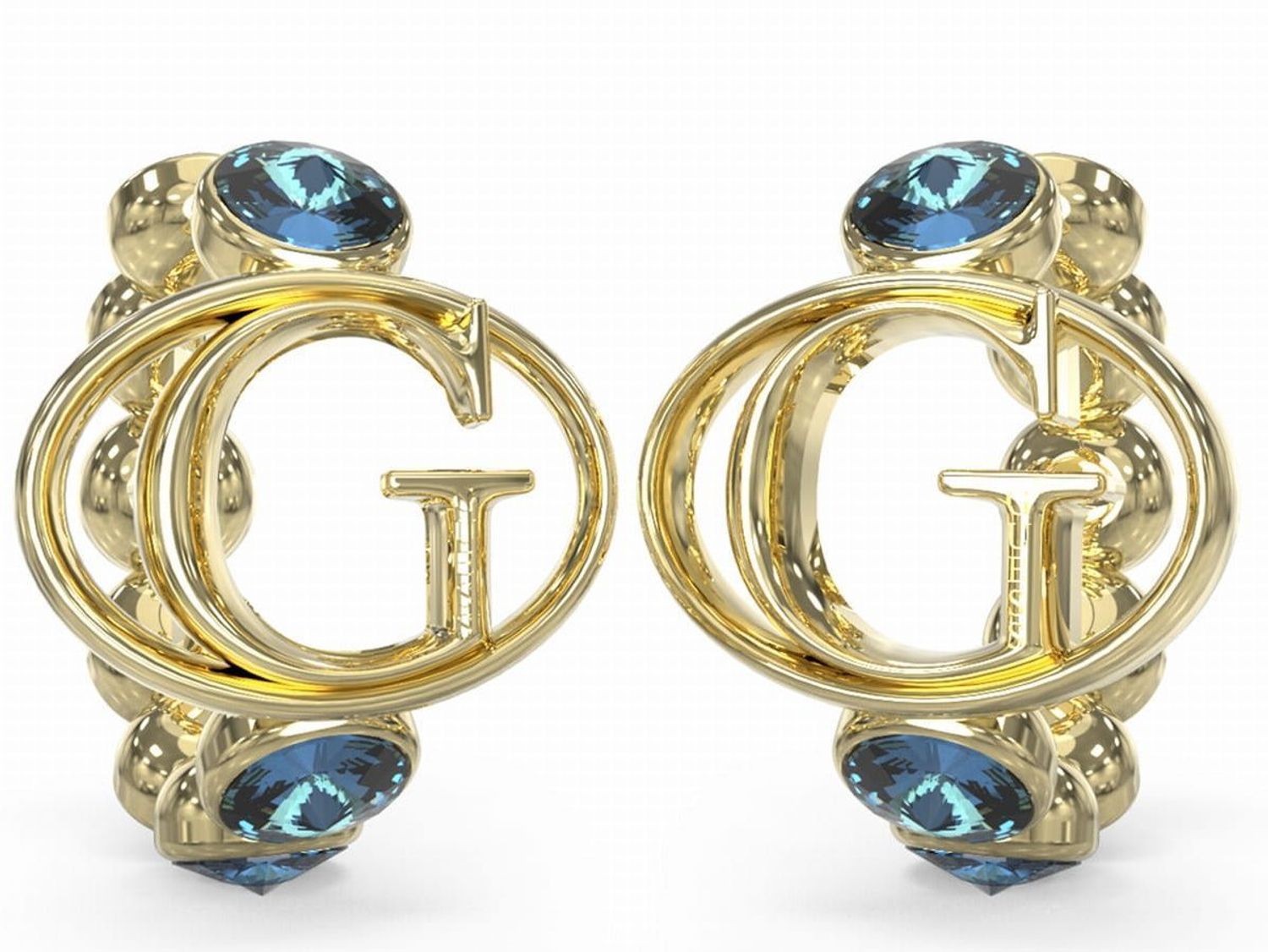 Kolczyki GUESS stalowe logo Guess okrągłe z niebieskimi cyrkoniami JUBE03360JWYGBLT-U.  Kolczyki damskie Guess. Kolczyki stalowe Guess. Kolczyki stalowe Guess. Kolczyki stalowe w złotym kolorze. Kolczyki na prezent Guess..jpg