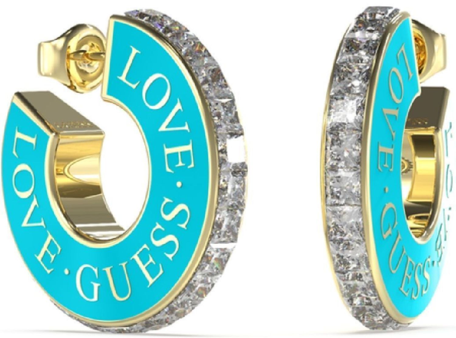 Kolczyki GUESS z emalią w kolorze turkusowym JUBE04083JWYGTQT-U. Kolczyki wykonane ze stali w kolorze złotym z emalią w kolorze turkusowym z logo marki GUESS (1).jpg