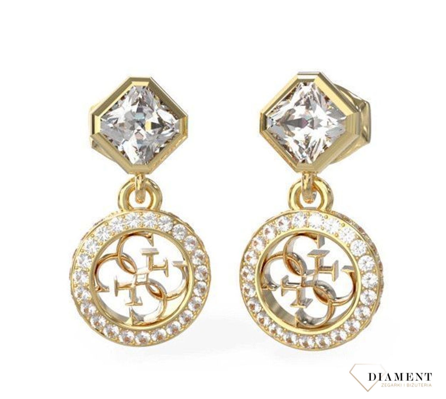 Złote kolczyki stalowe wiszące Guess JUBE04154JWYGT-U. Oryginalne kolczyku Guess. Kolczyki Guess na prezent. Damskie kolczyki ze stali w złotym kolorze. Guess kolczyki wiszące..jpg