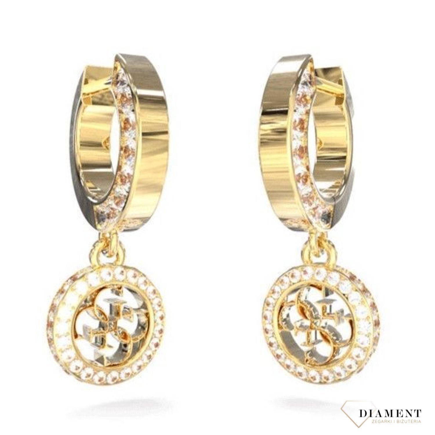 Złote kolczyki stalowe wiszące Guess JUBE04165JWYGT-U. Oryginalne kolczyki Guess. Złote kolczyki ze stali marki Guess. Kolczyki z Guessa na prezent. Stalowe kolczyki wiszące. Kolczyki damskie z logo Guess..jpg