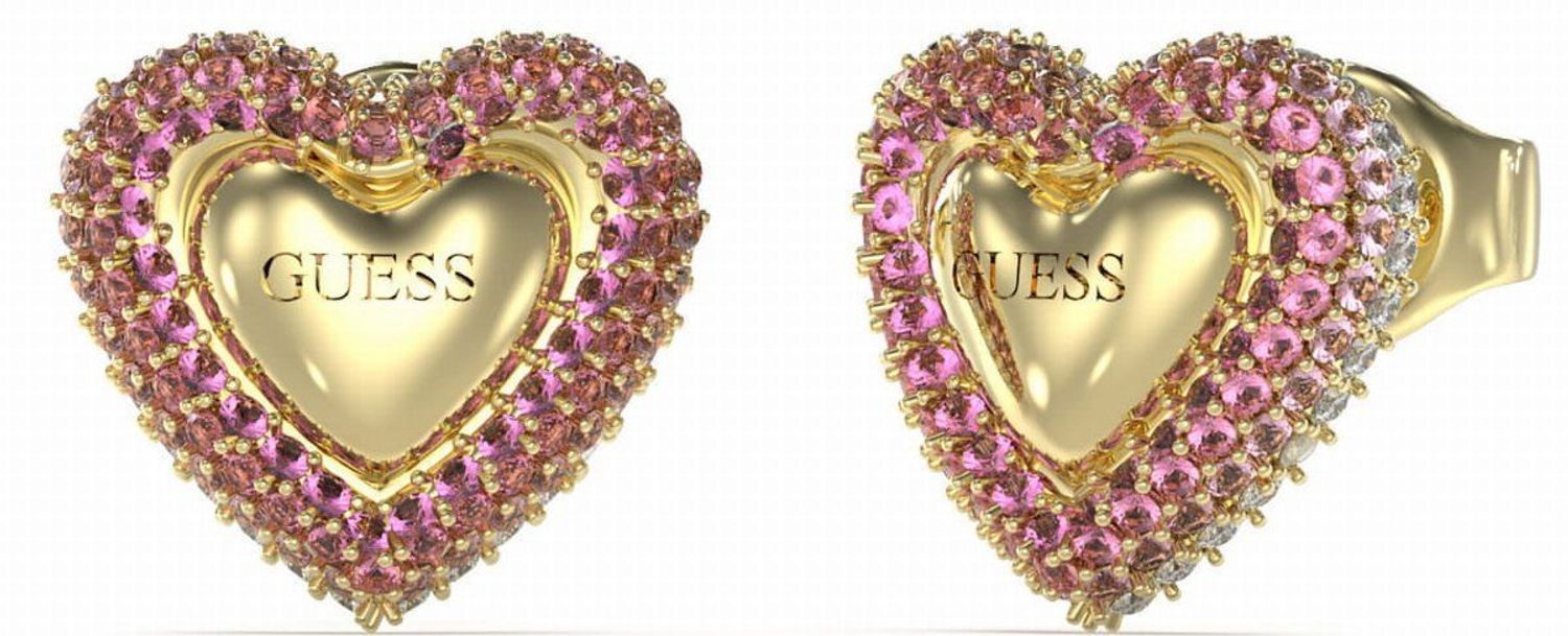 Kolczyki GUESS serca w cyrkonie różowe, JUBE05008JWYGPKT-U Kolczyki to błyszczące dodatki, które podkreślają piękno każdej użytkowniczki. Wykonane ze stali szlachetnej, ozdobione cyrkonią.1.jpg