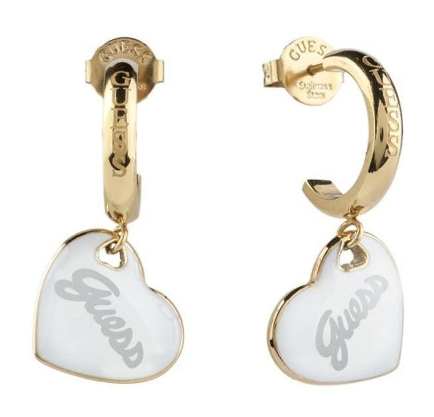 Kolczyki damskie Guess 💛 pozłacane  Białe serduszka z logo – stal szlachetna.jpg