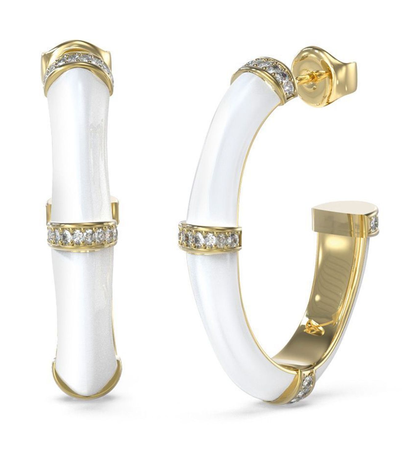 Kolczyki damskie Guess Bamboo 🤍 pozłacane  Biała emalia, cyrkonia i logo ✨.jpg