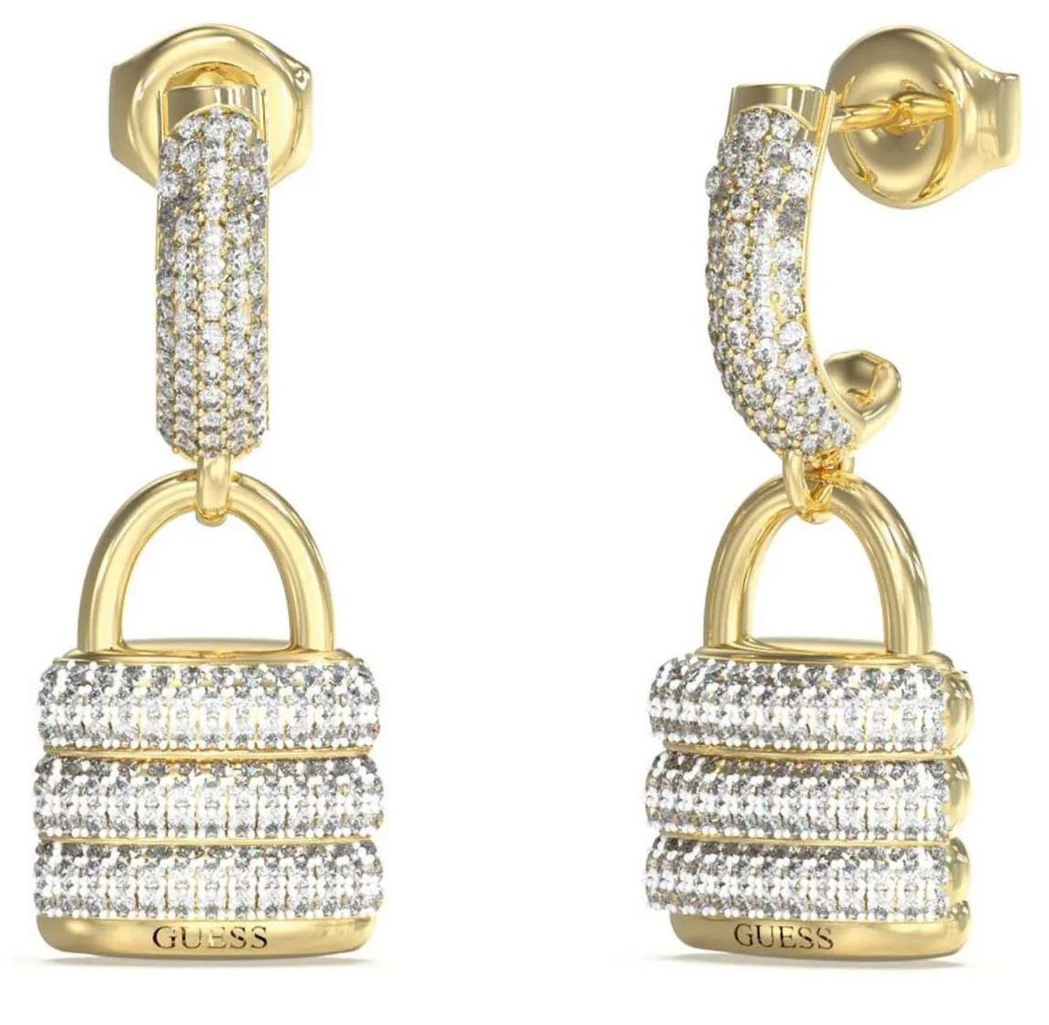 Kolczyki Guess JUBE05407JWYGTU – pozłacane kłódki z cyrkoniami, stal szlachetna. Wiszące, długość 2,5 cm, zapięcie na sztyft. Nowoczesna biżuteria z charakterem.1.jpg