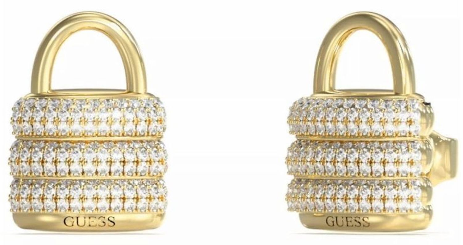 Kolczyki Guess JUBE05419JWYGTU – stalowe pozłacane kolczyki w kształcie kłódek, zdobione cyrkoniami. Wymiary 1,2 x 1,5 cm. Elegancka i modna biżuteria dla kobiet.1.jpg