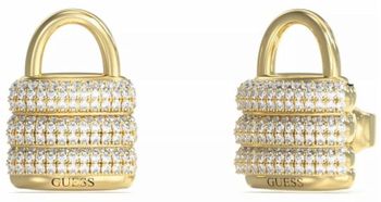 Kolczyki Guess JUBE05419JWYGTU – stalowe pozłacane kolczyki w kształcie kłódek, zdobione cyrkoniami. Wymiary 1,2 x 1,5 cm. Elegancka i modna biżuteria dla kobiet.1.jpg