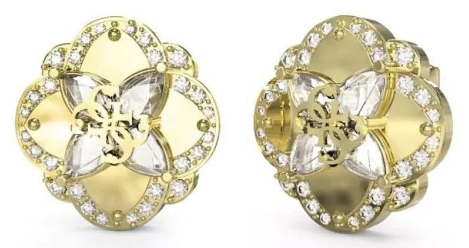 Kolczyki damskie Guess JUBE05504JWYGTU, stal pozłacana, duże kwiaty zdobione cyrkoniami, wielkość 1,5 cm, zapięcie na sztyft. Stylowa i elegancka biżuteria na każdą okazję.1.jpg