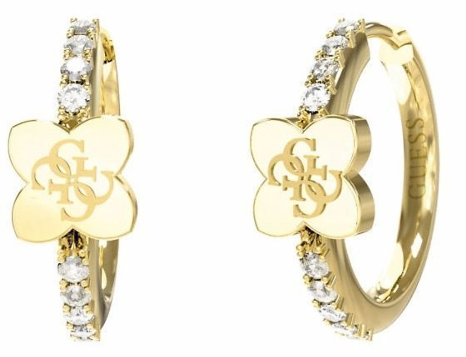 Małe kolczyki damskie Guess JUBE05508JWYGTU, stal pozłacana, kółeczka z logo i cyrkoniami. Zapięcie na zatrzask. Stylowa biżuteria na każdą okazję.1.jpg