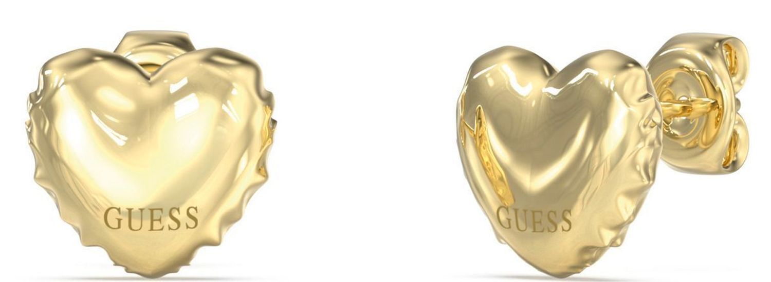 Kolczyki Guess JUBE05543JWYGTU – pozłacane serduszka z napisem Guess, stal szlachetna, wielkość 1 cm, zapięcie na sztyft. Subtelna i stylowa biżuteria dla kobiet.1.jpg