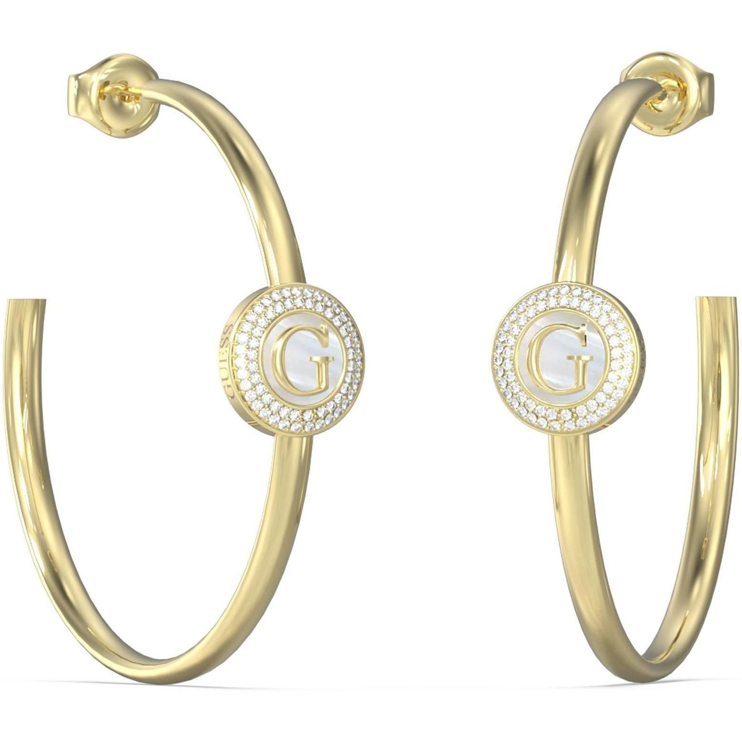 Kolczyki damskie Guess duże koła złote z 'G' perłowym środkiem i cyrkoniami.jpg