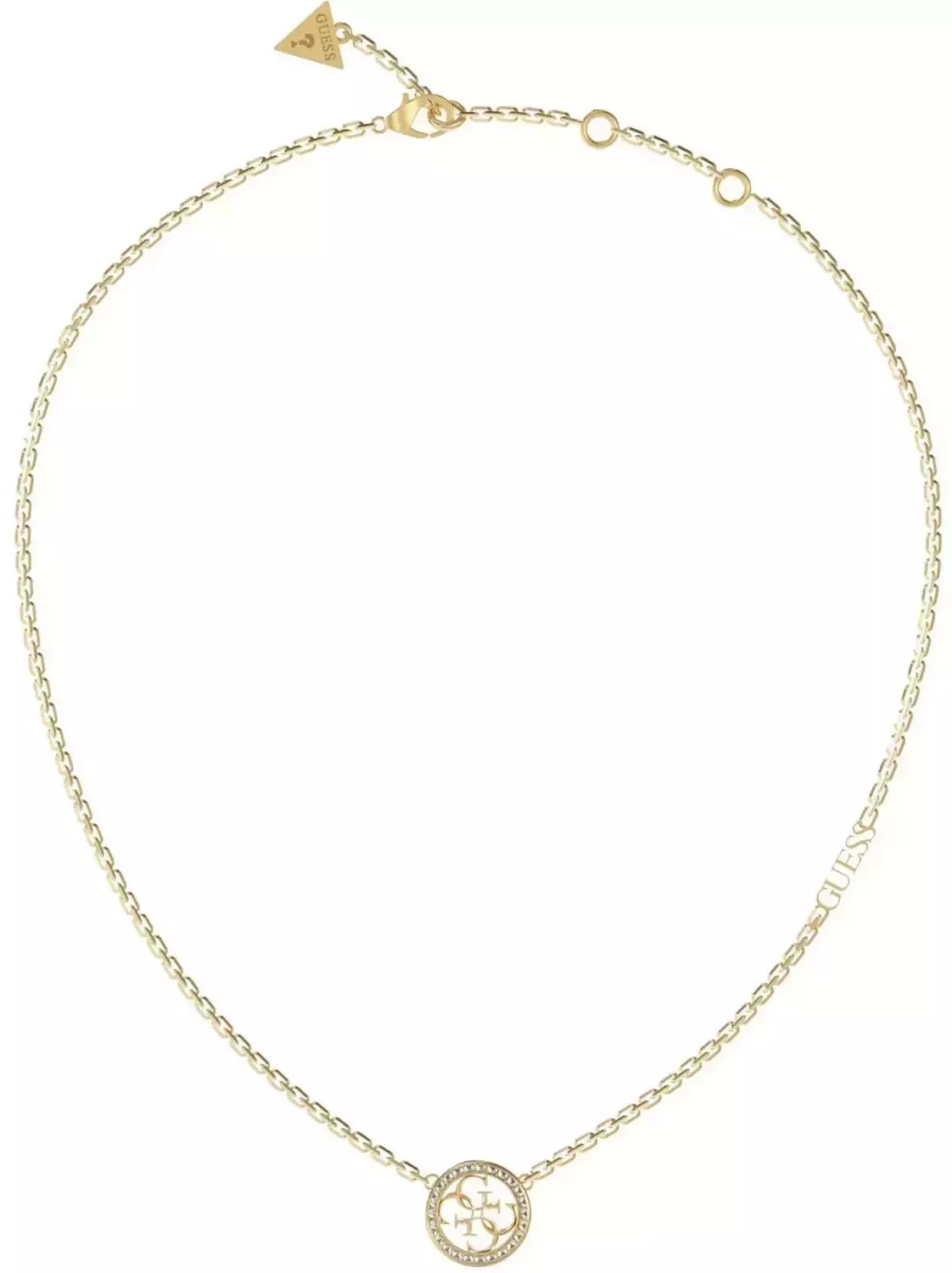 Naszyjnik GUESS JUBN02141JWYGTU Stalowy, naszyjnik składający się z łańcuszka z zawieszką ozdobioną w cyrkonie z logo Guess. Wyjątkowa ozdoba, która świetnie się sprawdzi jako dodatek do eleganckich stylizacji.2.webp