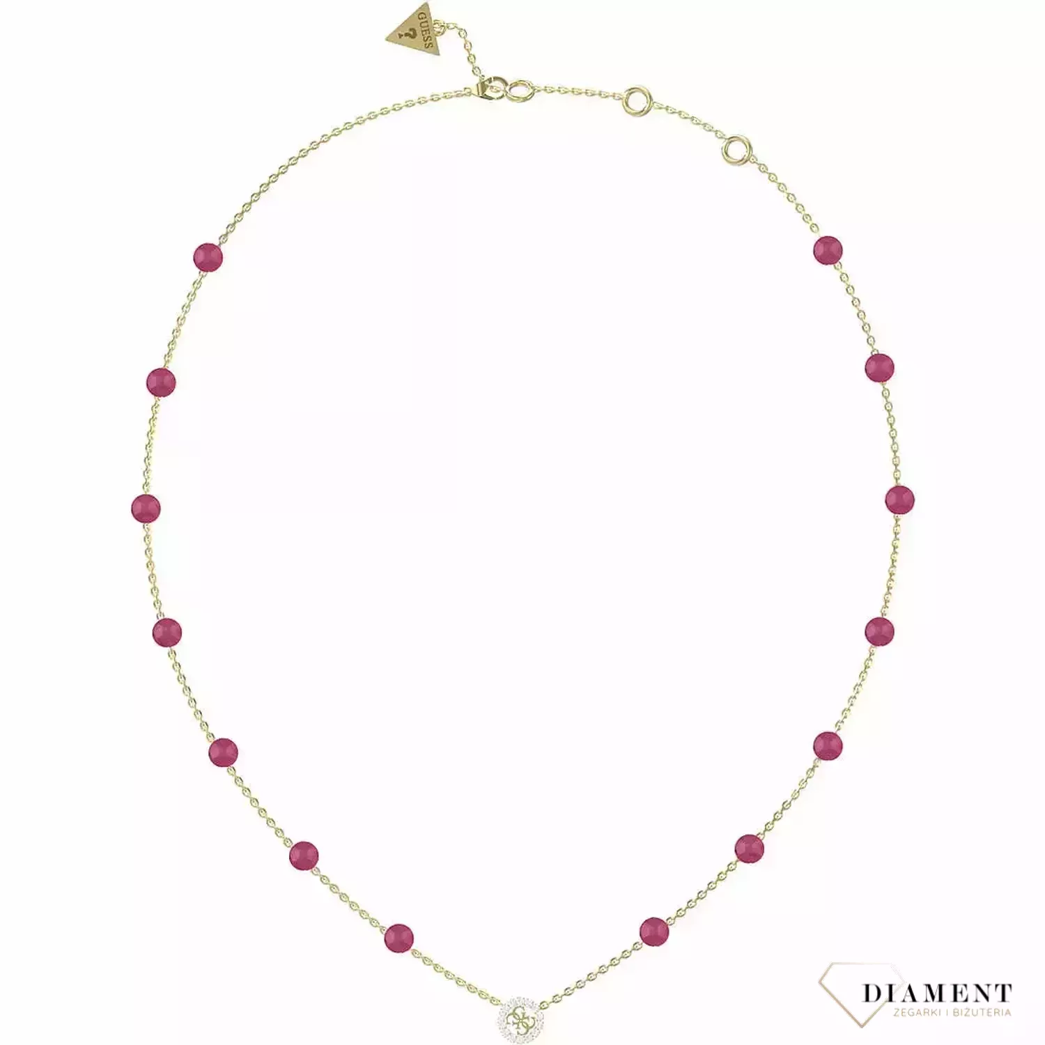 Naszyjnik damski GUESS z różowymi kuleczkami i logo JUBN03073JWYGFC. Markowy naszyjnik Guess ze stali. Naszyjnik idealny na lato. Oryginalna biżuteria Guess. Naszyjnik na prezent..webp