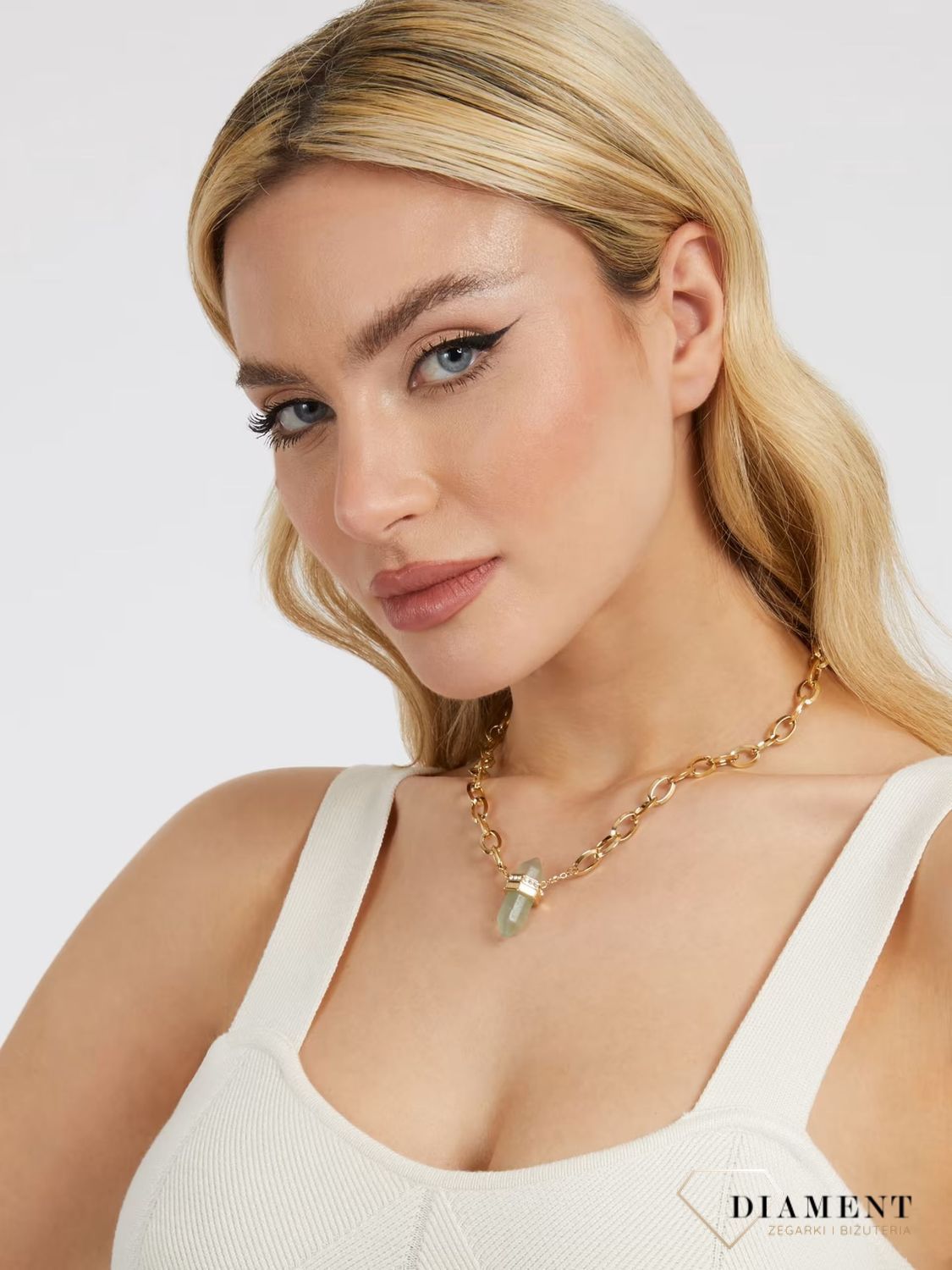 Naszyjnik damski GUESS Good Vibes kamień Fluoryt JUBN03117JWYGF. Naszyjnik markowy z kamieniem naturalnym Guess. Oryginalna biżuteria Guess. Naszyjnik z fluorytem. Naszyjnik duży kamień naturalny..jpg