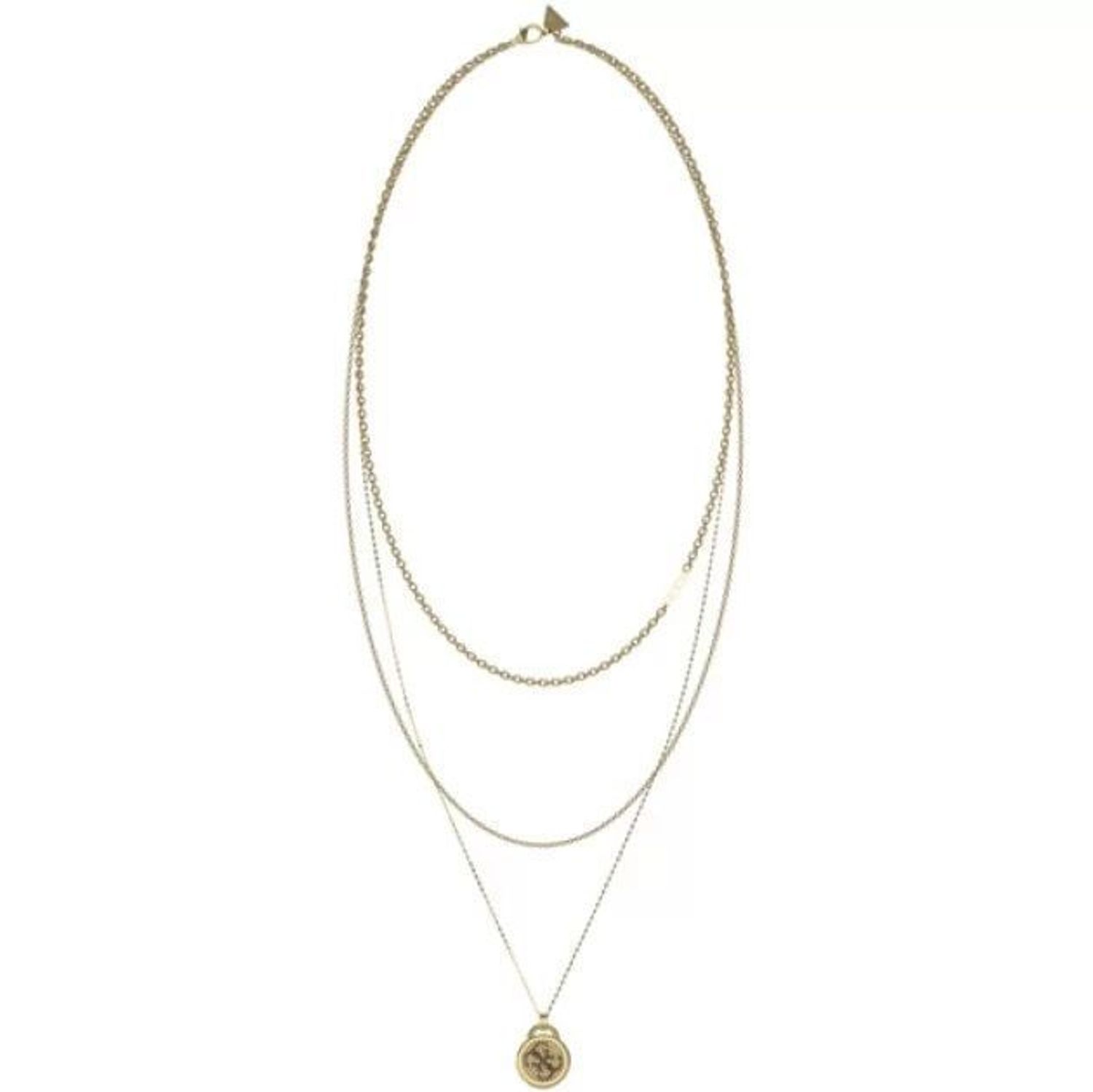 Naszyjnik damski Guess Dreaming JUBN03127JWYGT-U . Stalowy, ozdobny naszyjnik z zawieszką okrągłą  wysadzoną cyrkoniami i ozdobioną logo marki Guess. Wyjątkowa ozdoba, która świetnie się sprawdzi jako dodatek do letnich stylizacji. Naszyjnik 68.jpg