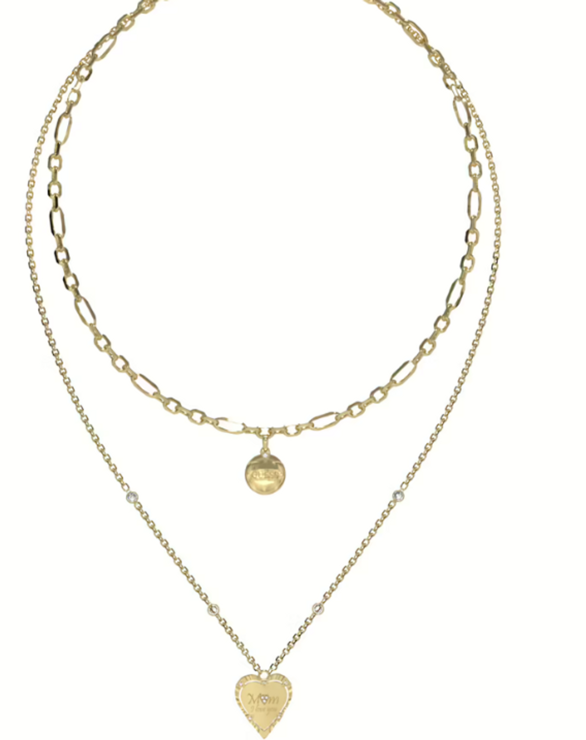 Naszyjnik damski podwójny GUESS JUBN04046JWYGT-U pokryty złotem z sercem ozdobionym cyrkoniami M♥m I love you.png