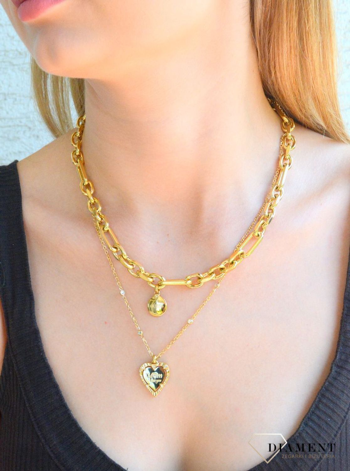 Naszyjnik damski podwójny GUESS JUBN04046JWYGT-U pokryty złotem z sercem ozdobionym cyrkoniami M♥m I love you.png
