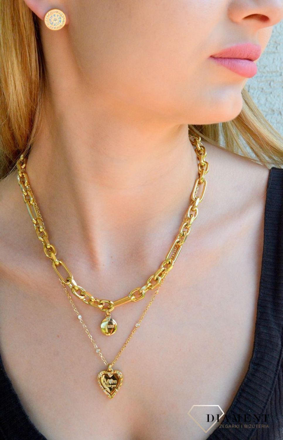 Naszyjnik damski podwójny GUESS JUBN04046JWYGT-U pokryty złotem z sercem ozdobionym cyrkoniami M♥m I love you.png