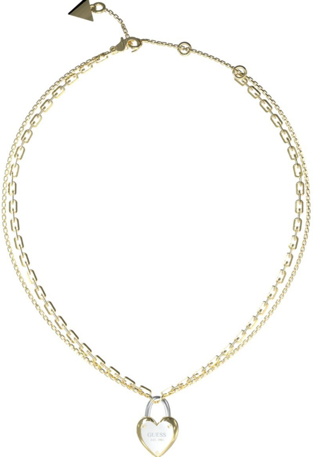 Naszyjnik damski pokryty złotem z kłódką w kształcie serca i logo GUESS JUBN04208JWYGRHT-U.png