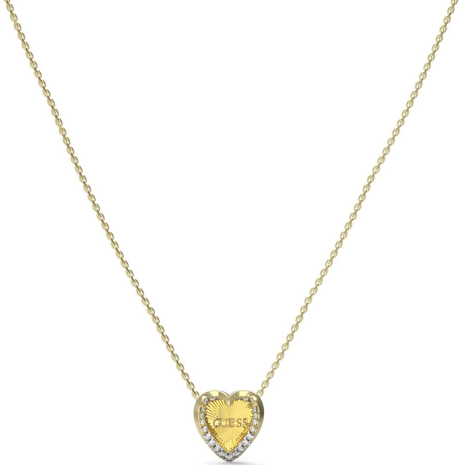 Naszyjnik GUESS JUBN04606JWYGTU Stalowy, naszyjnik składający się z łańcuszka z zawieszką sercem ozdobioną w cyrkonie z logo Guess..jpg